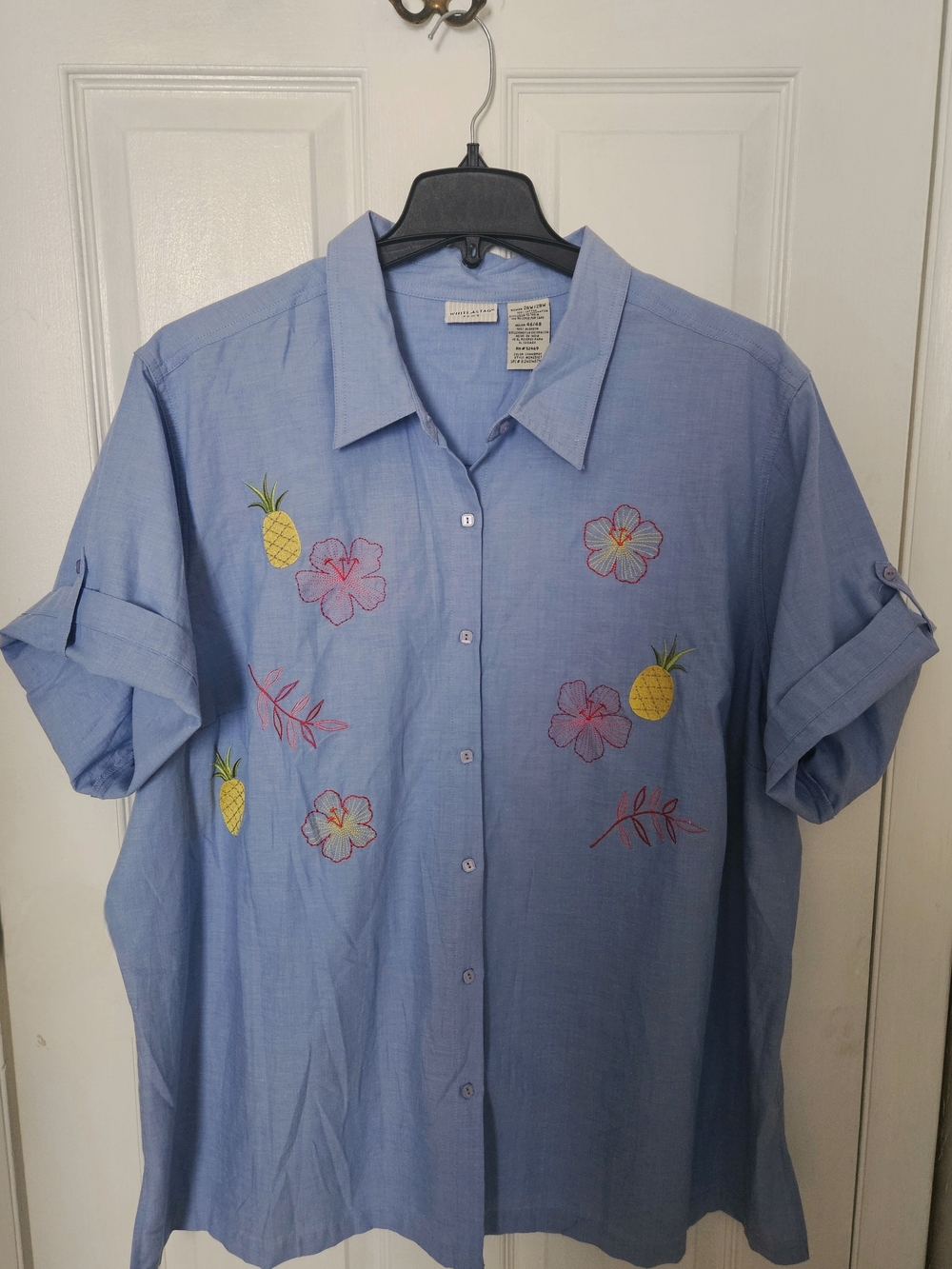 Light Blue Embroidered Pineapple & Floral Short-Sleeve Shirt